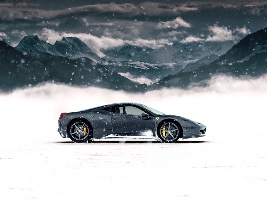 ferrari 458 italia, ferrari, sports car, gray, side view, snow, mountains