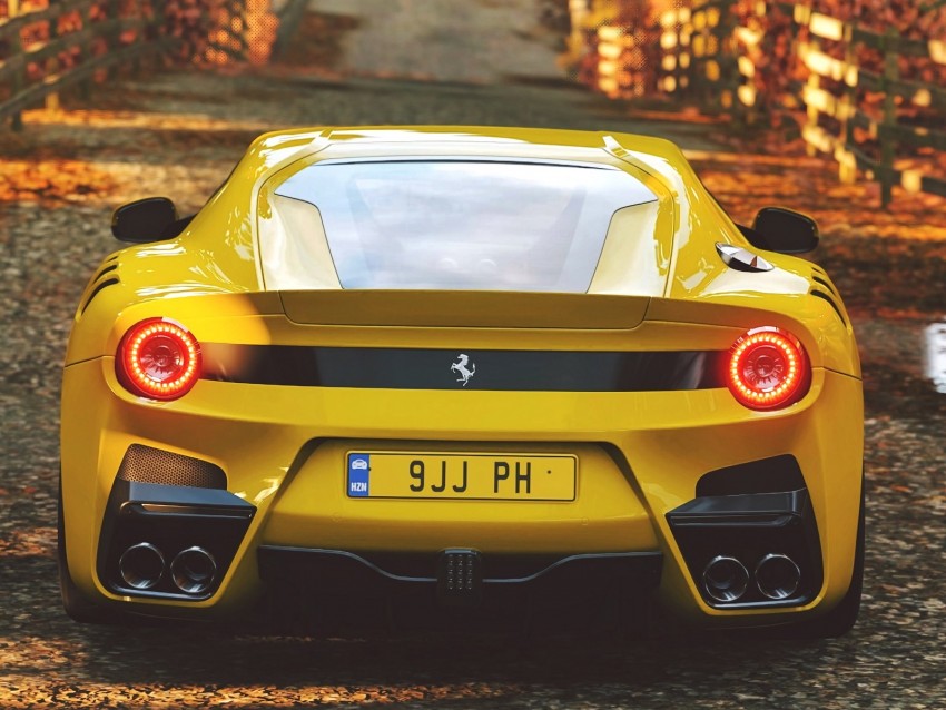 ferrari, sports car, yellow, rear view