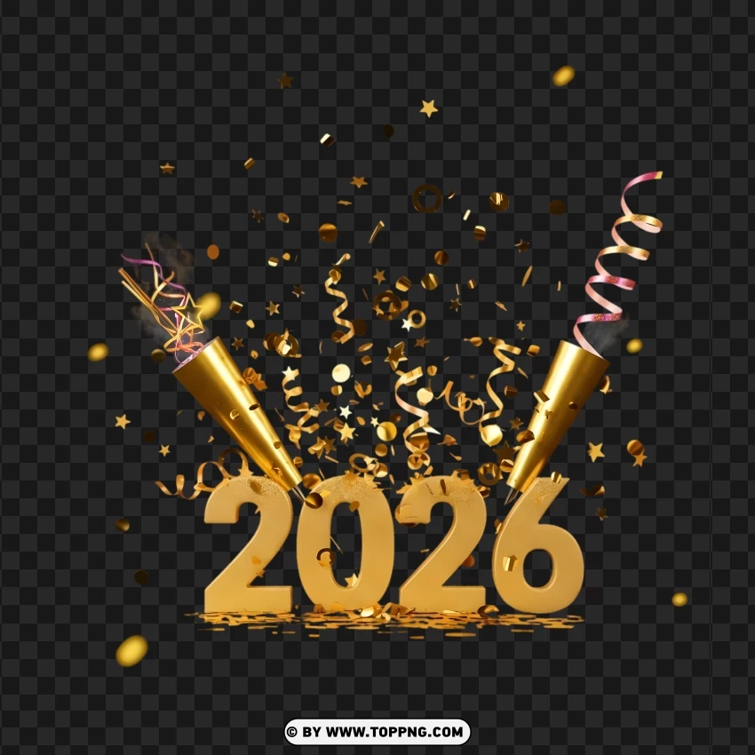 Festive 2026 New Year Layout With Gold Confetti And Popper PNG Transparent Background