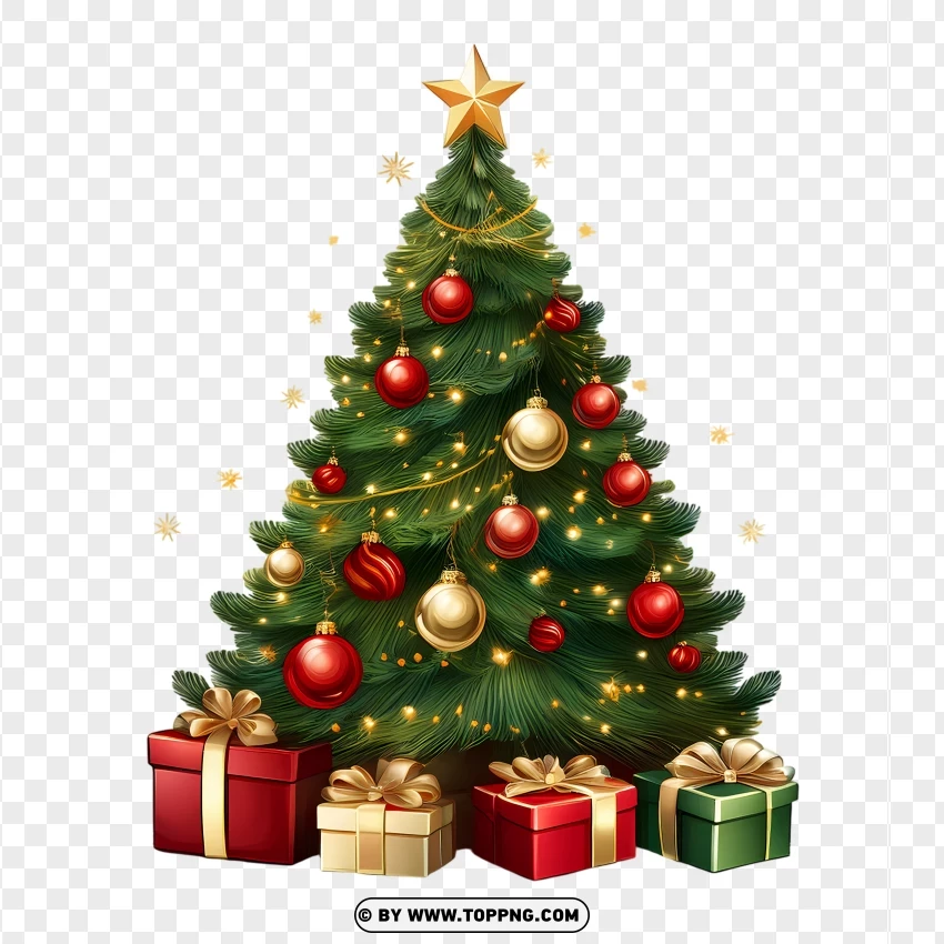 Festive Christmas Tree With Gold And Red Decorations PNG Transparent Background