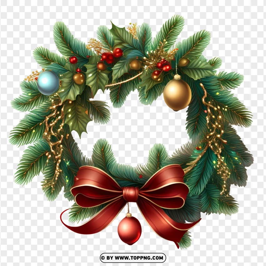 Festive Christmas Wreath With Red Bow And Baubles PNG Transparent Background