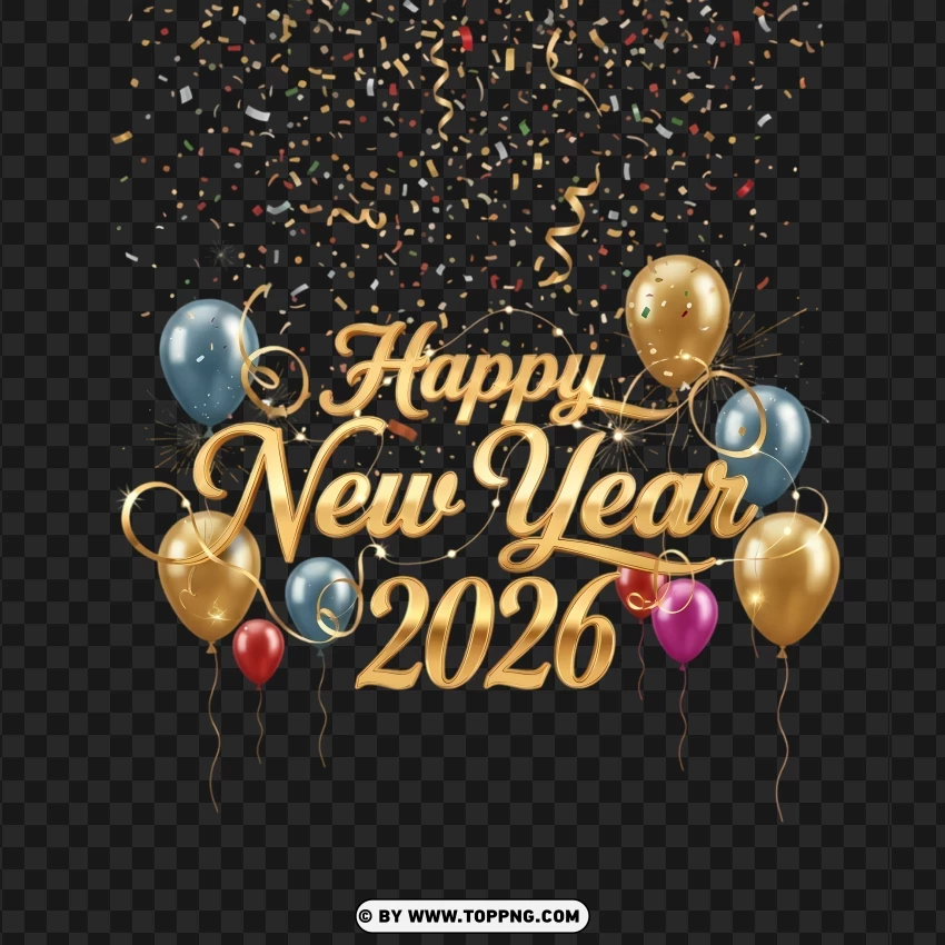 Festive Happy New Year 2026 Text Layout PNG Transparent Background