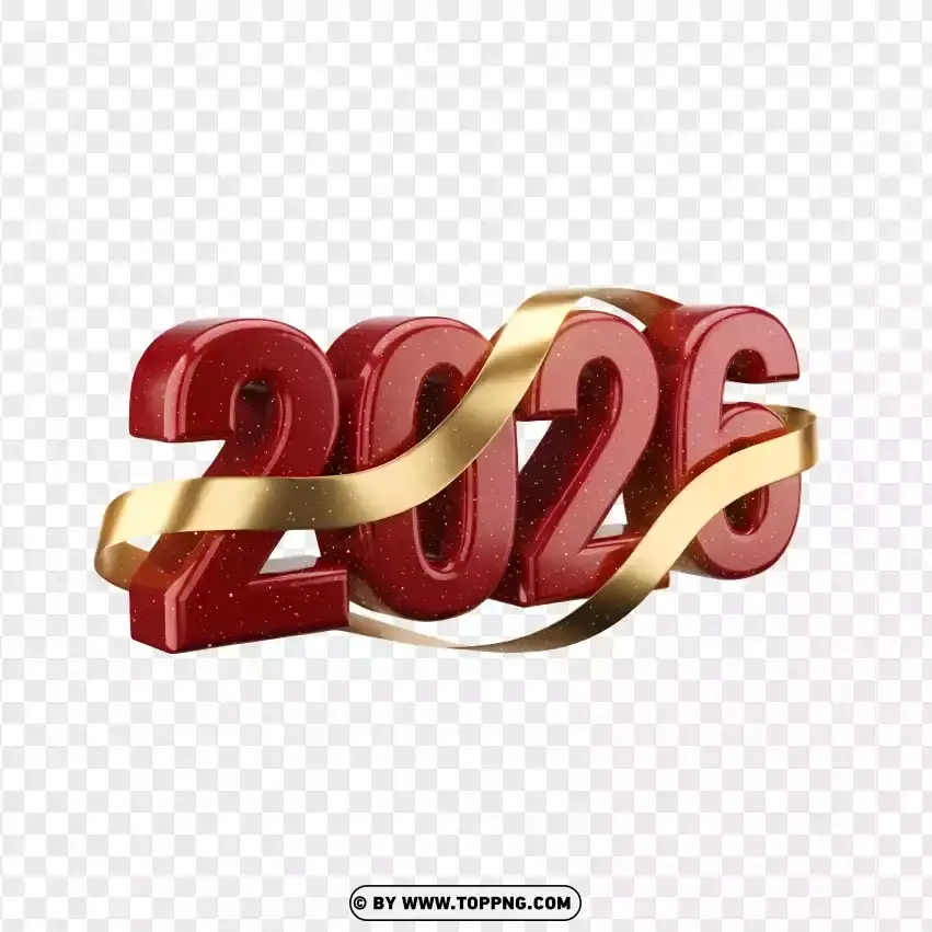 Festive Red 3d 2026 And Gold Ribbon New Year Artwork PNG Transparent Background