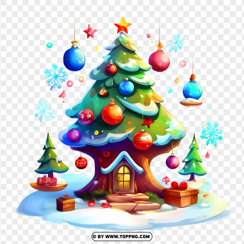 Festive Winter Cartoon Christmas Tree With Gifts And Lights PNG Transparent Background