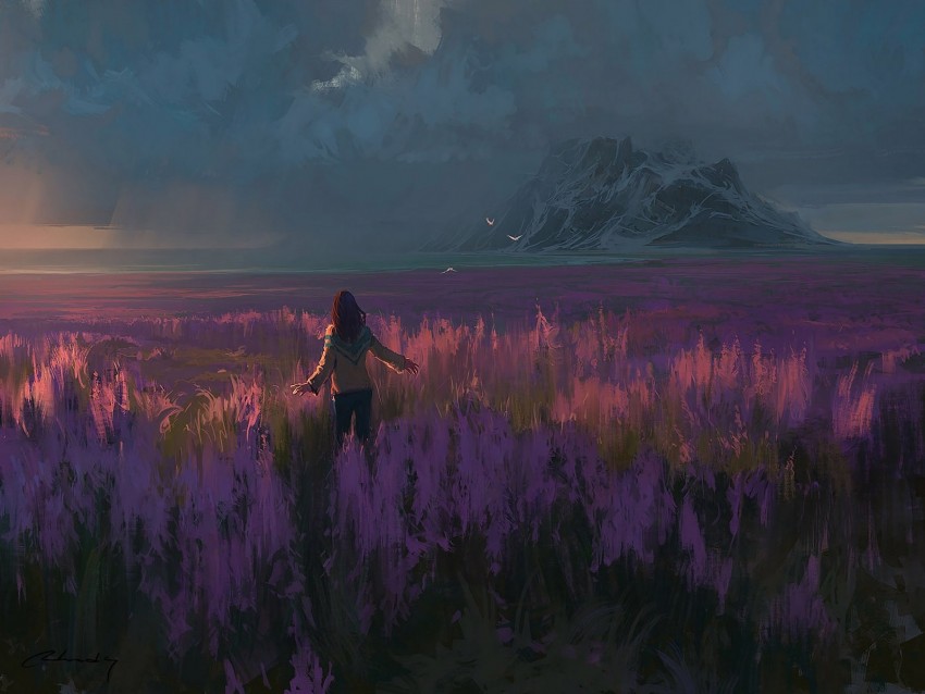field, lavender, girl, art, freedom