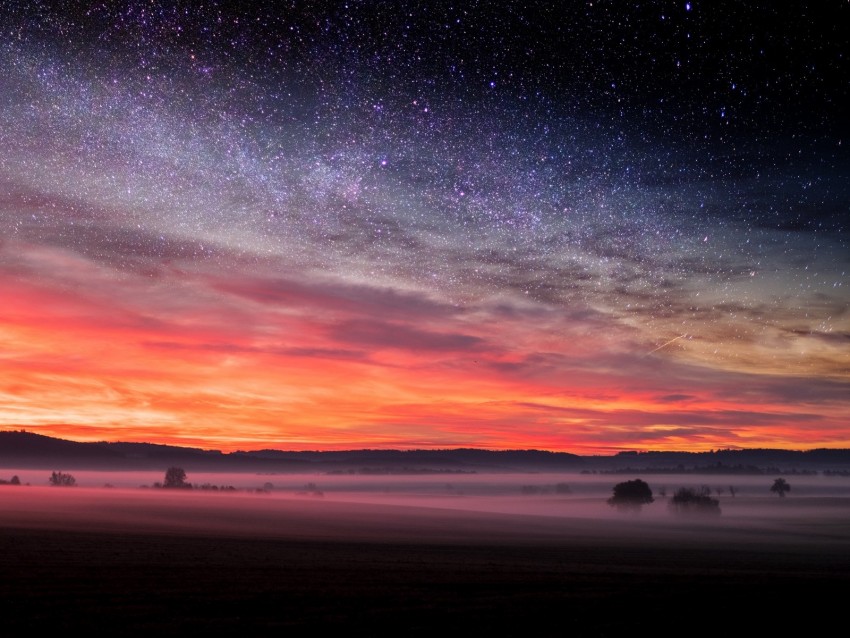 field, starry sky, fog, evening, landscape, autumn background | TOPpng