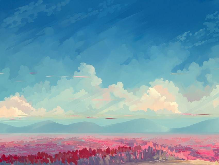field, tulips, flowers, art, sky, clouds