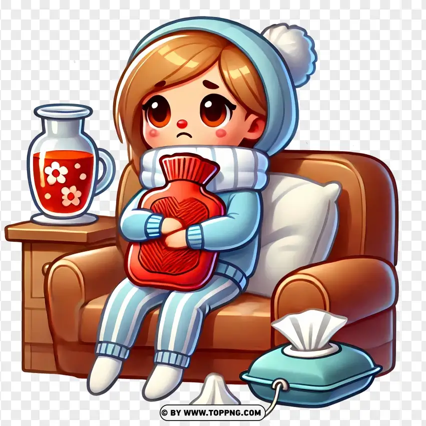 Cartoon Woman Fighting A Cold With Hot Drinks PNG Transparent Background