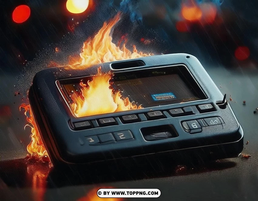 burning pager, pager explosion, fire on pager, damaged pager, pager on fire