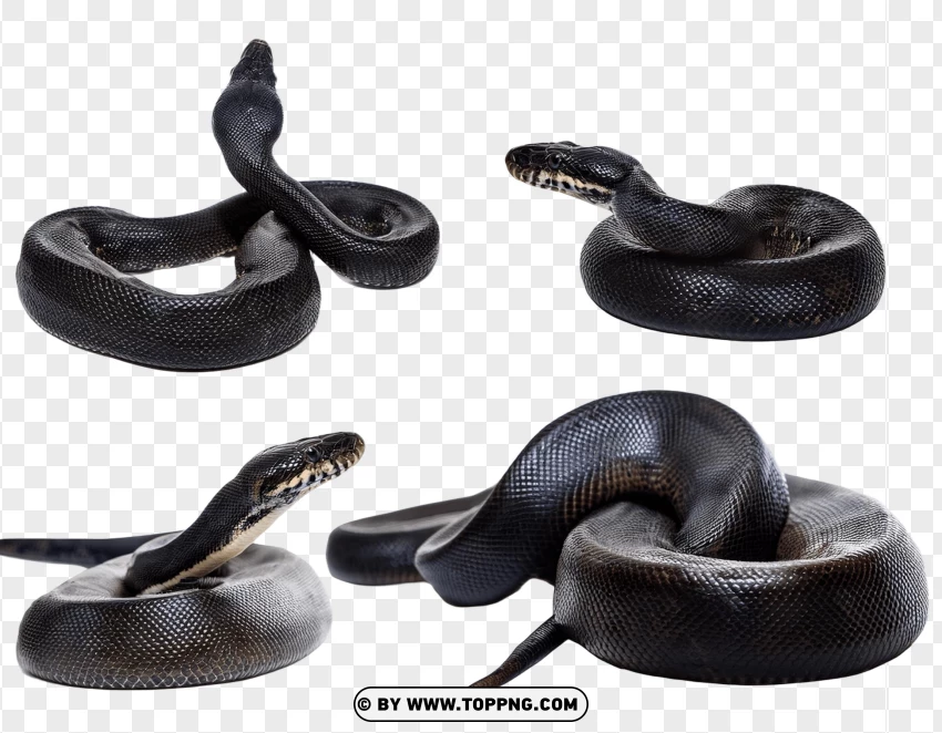 Group Of Black Pythons In Natural Wildlife Poses PNG Transparent Background