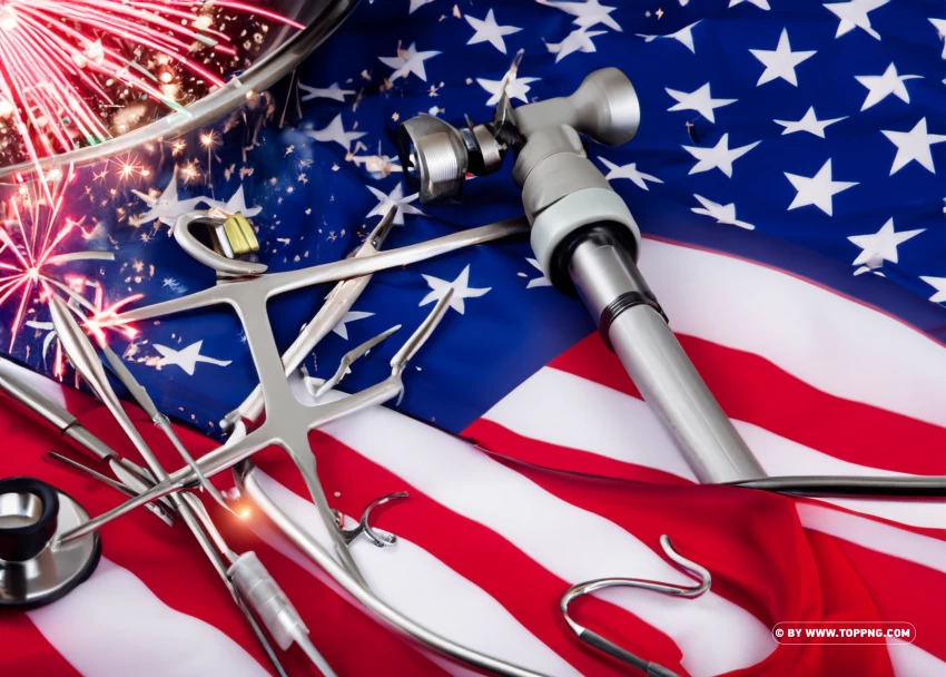 Fireworks Labor Day With  Medical Tools An American Flag Background
