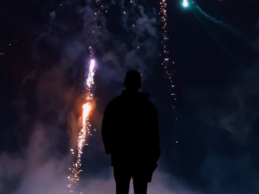 fireworks, silhouette, dark, salute, sparks, colorful, smoke