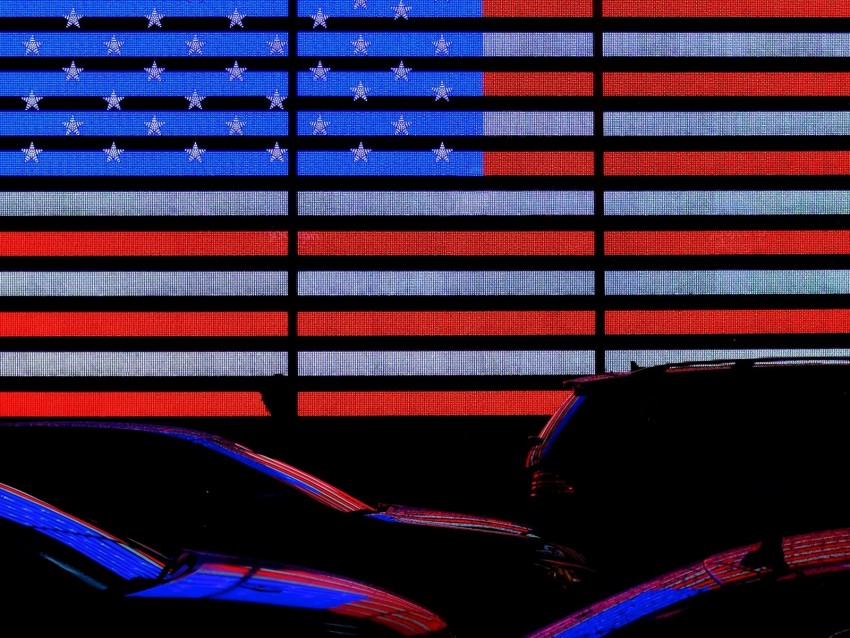 flag, america, neon, cars