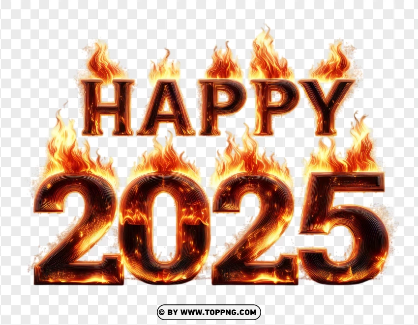 Flames Happy 2025 Text Design PNG Transparent Background