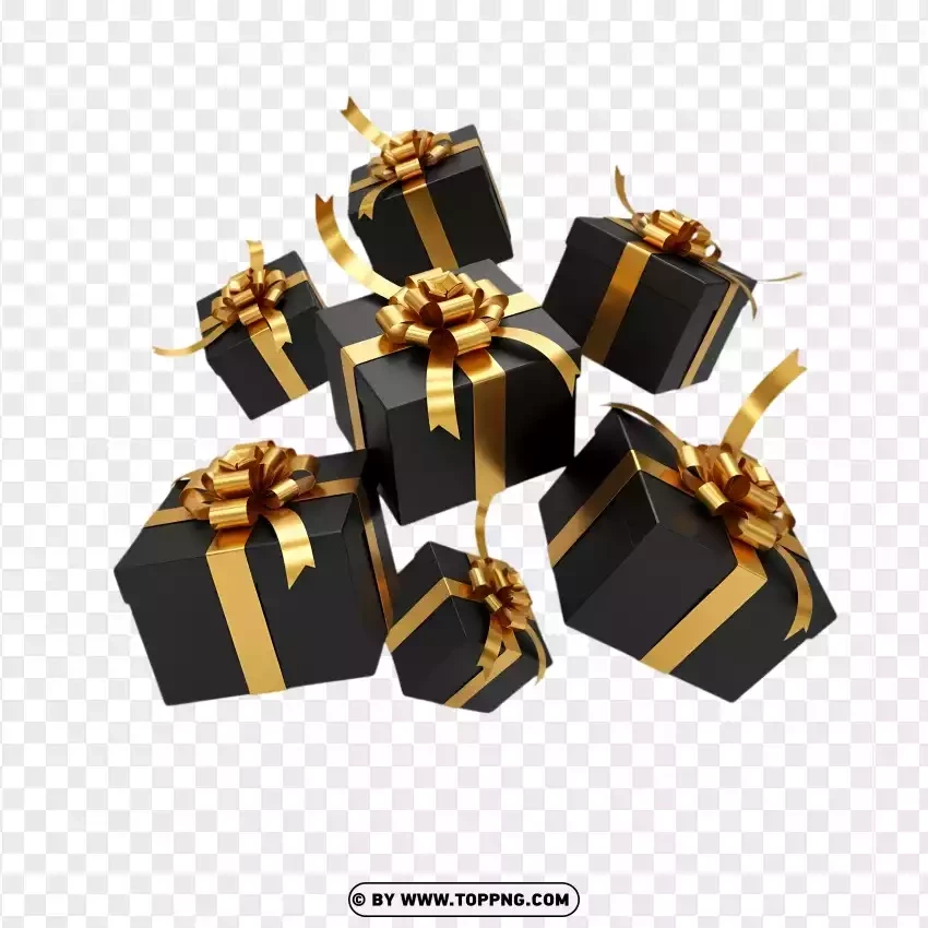Floating Black Gift Boxes Wrapped In Glossy Gold Ribbons PNG Transparent Background
