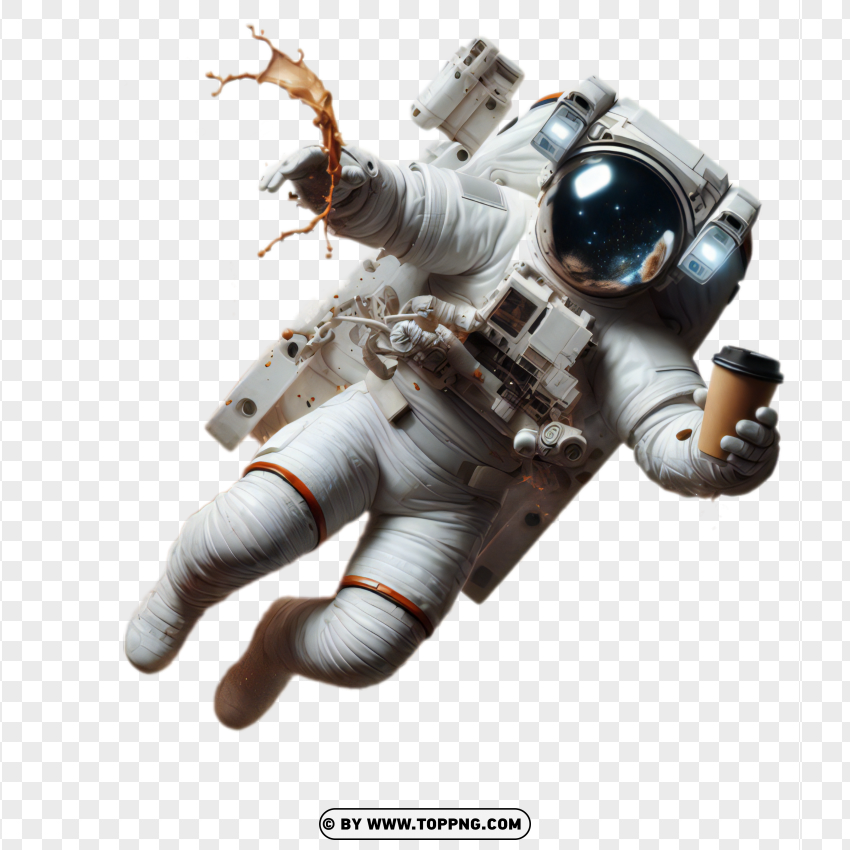 Astronaut holding a coffee cup while floating in zero gravity png