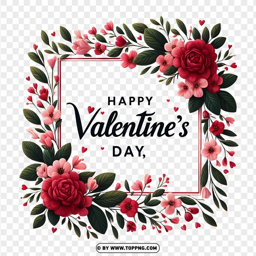 Floral Frame Happy Valentines Day Greeting With Roses And Leaves PNG Transparent Background