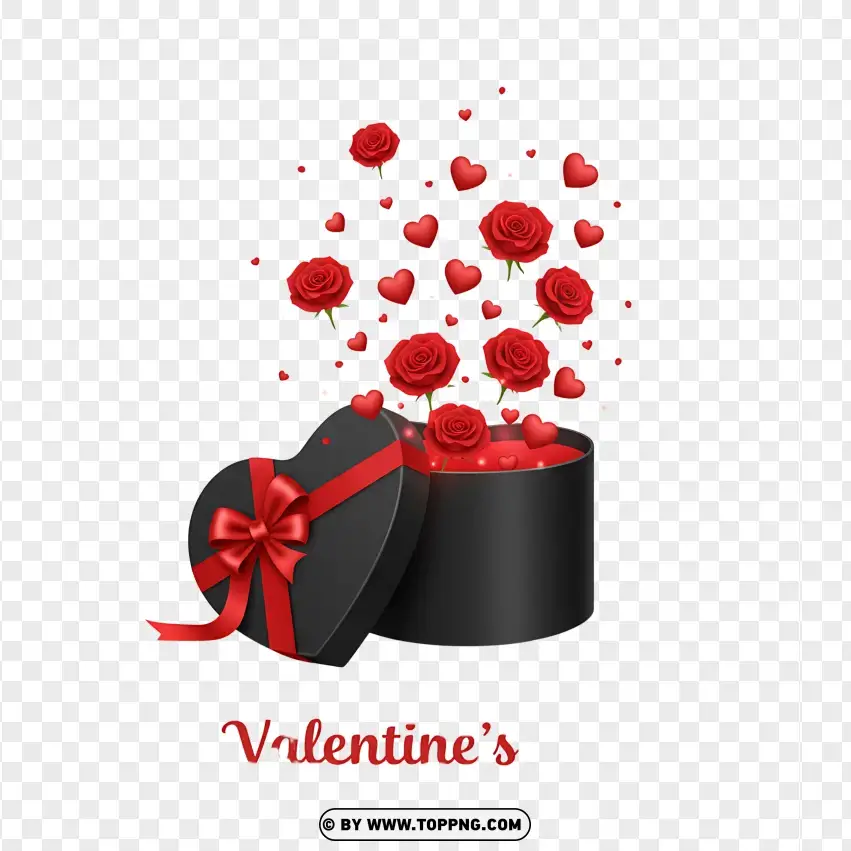 Valentines Day 14 February Black Gift Box With Red Hearts PNG Transparent Background