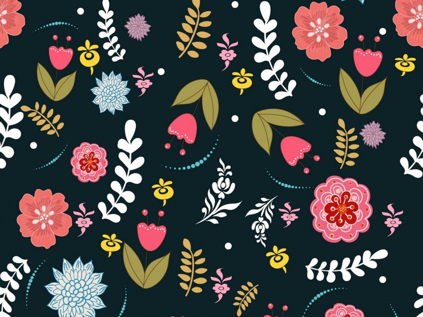 flowers, branches, leaves, pattern, art