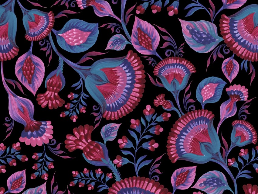 flowers, patterns, bright, leaves