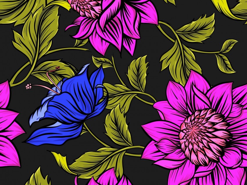 flowers, petals, leaves, patterns, bright, colorful
