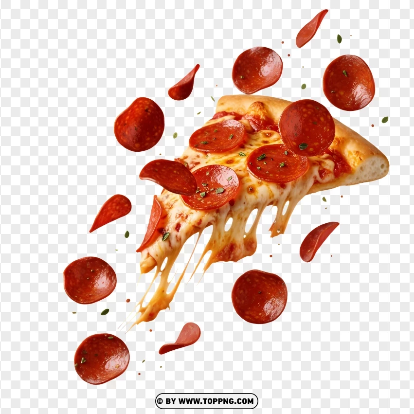 Flying Pepperoni Pizza Slice With Cheese Pull PNG Transparent Background