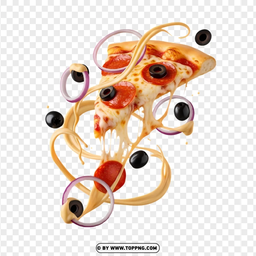 Flying Pepperoni Slice With Veggie Toppings PNG Transparent Background