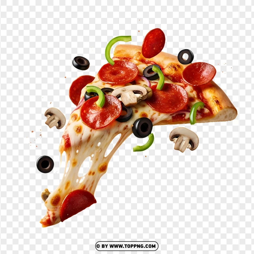 Flying Pizza Slice With Cheese Stretch PNG Transparent Background