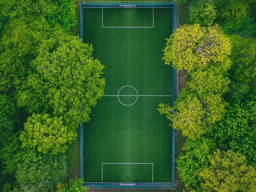 football field, aerial view, trees, playground, green
