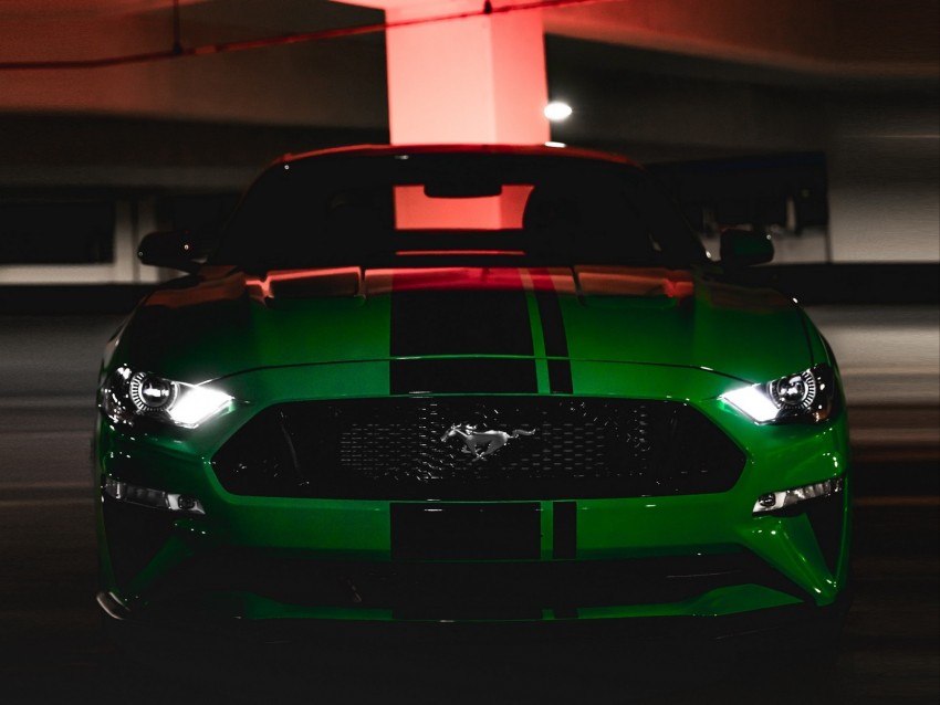 ford mustang, ford, car, green, dark, front view