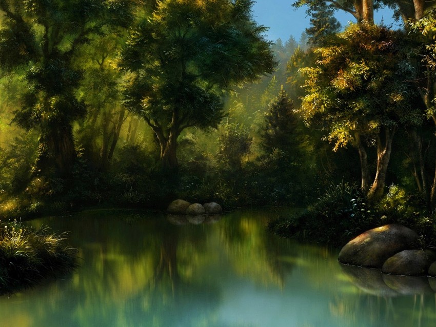 forest, art, pond, trees, water