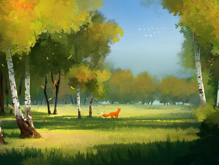 forest, fox, art, glade, trees