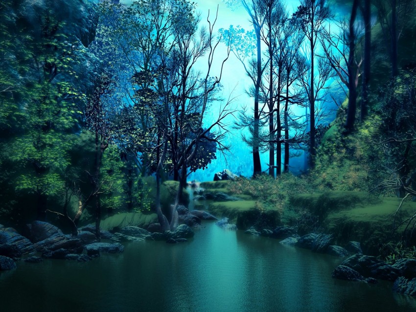 forest, pond, water, trees, art