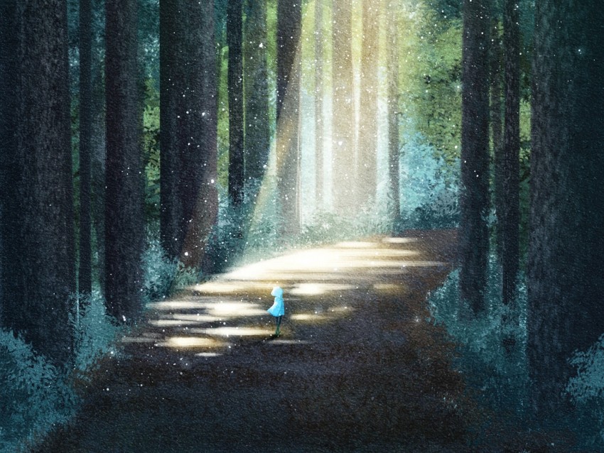 forest, road, silhouette, light, art