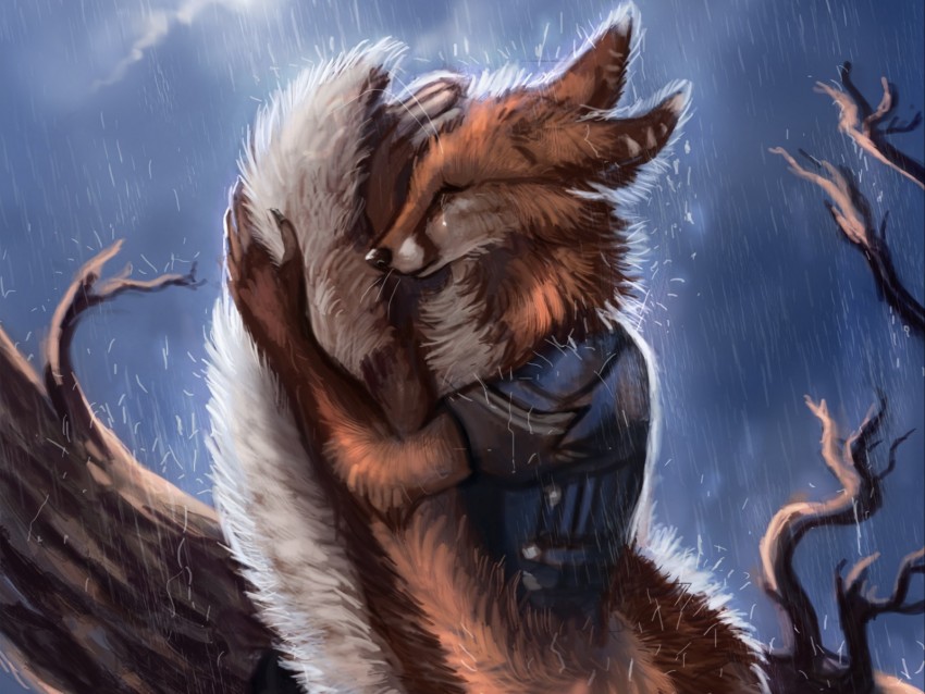 fox, tail, rain, hide, sadness