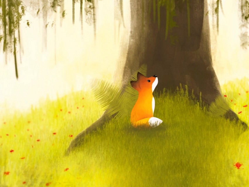 fox, tree, art, grass, flowers