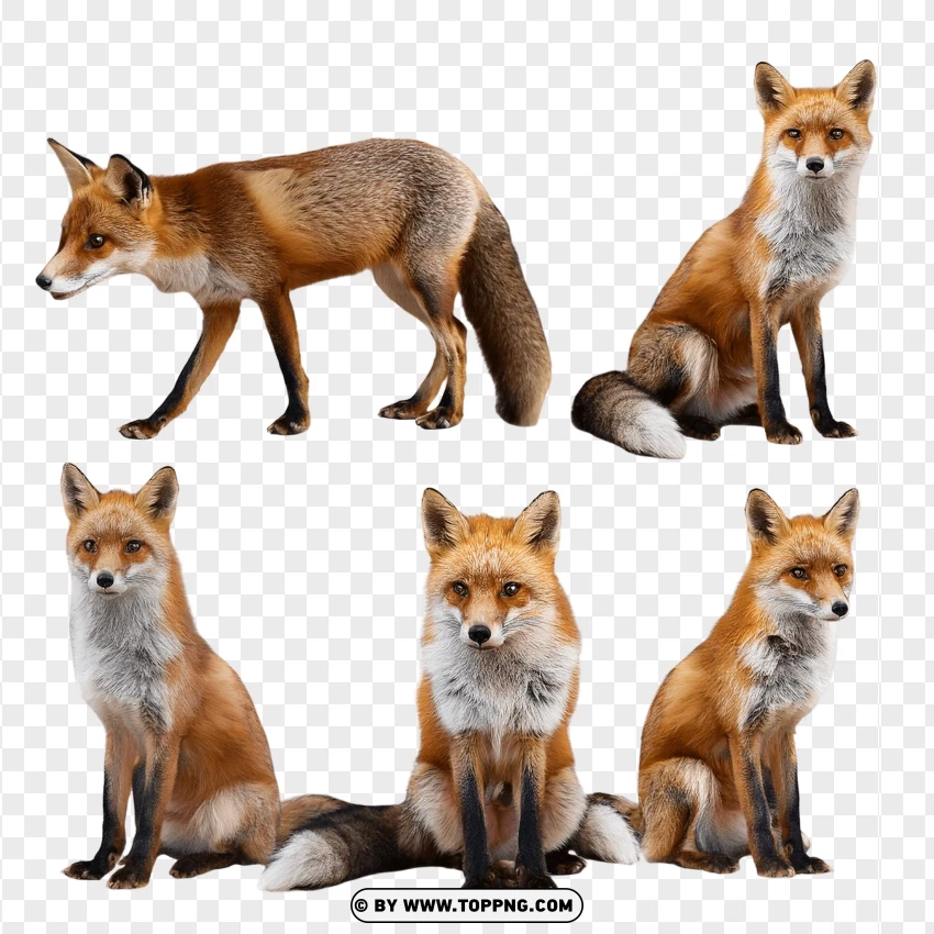 Set Of Two Red Foxes In Natural Wildlife Poses PNG Transparent Background