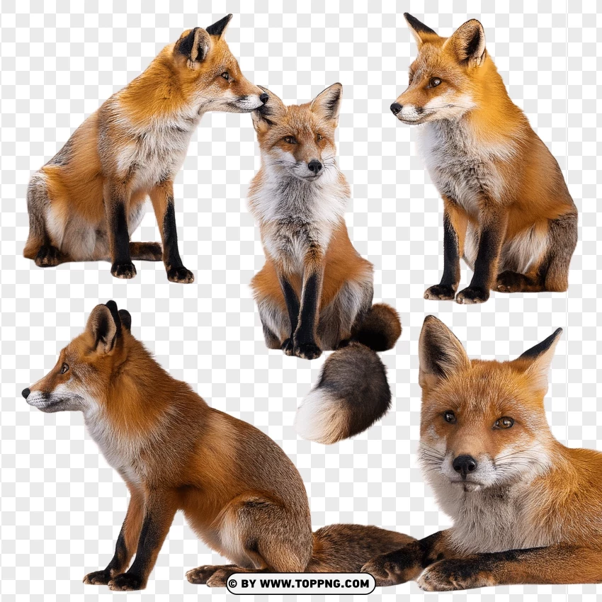 Collection Of Red Foxes In Wildlife Sitting And Standing Poses PNG Transparent Background