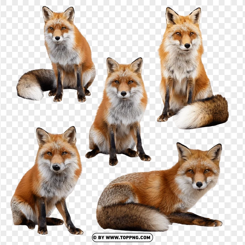 Group Of Five Red Foxes In Natural Wildlife Poses PNG Transparent Background