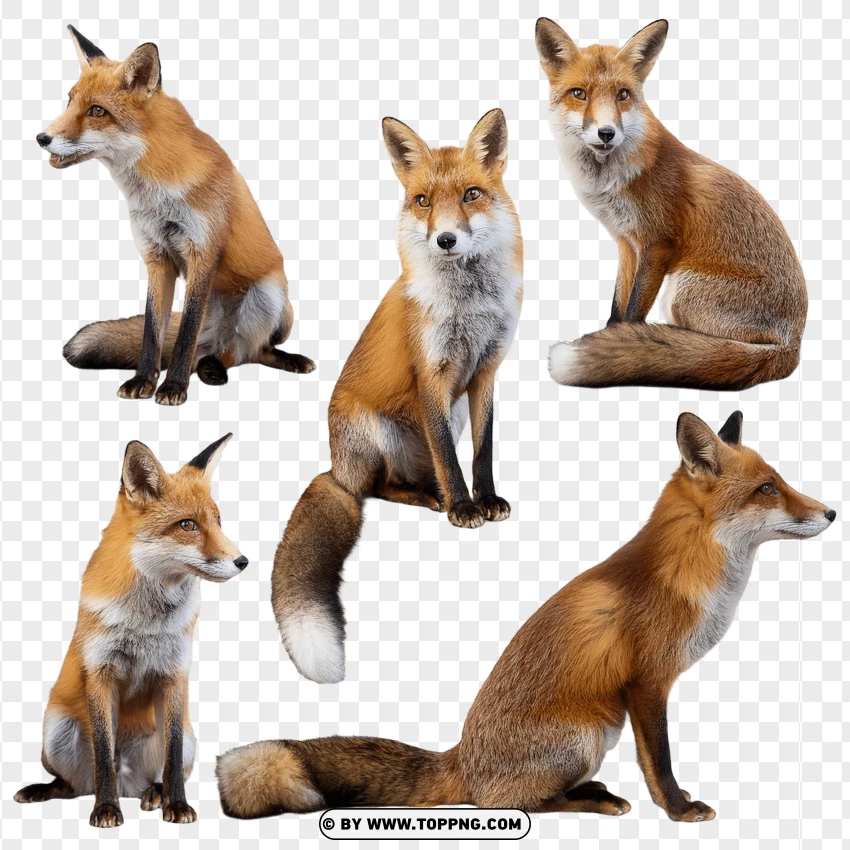 Set Of Six Red Foxes In Wildlife Display Poses PNG Transparent Background