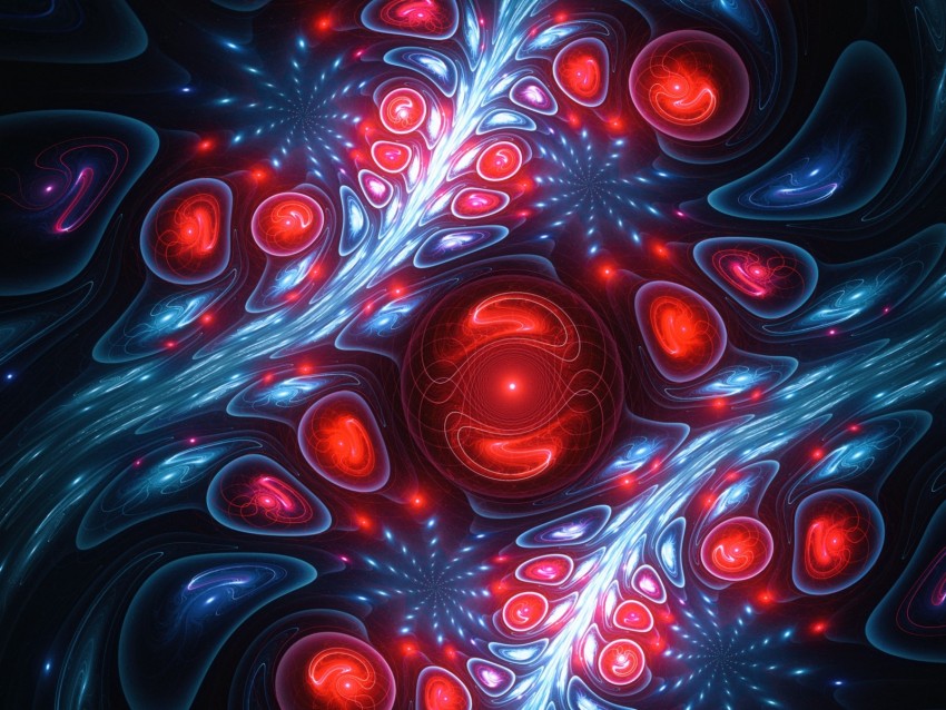 fractal, patterns, circles, dark, blue, red