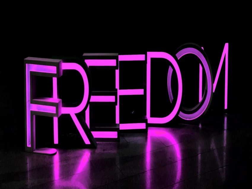 freedom, neon, inscription, purple