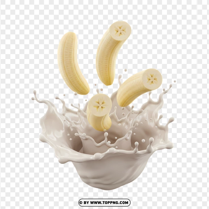 Fresh Banana Mix In Dynamic Milk Splash PNG Transparent Background
