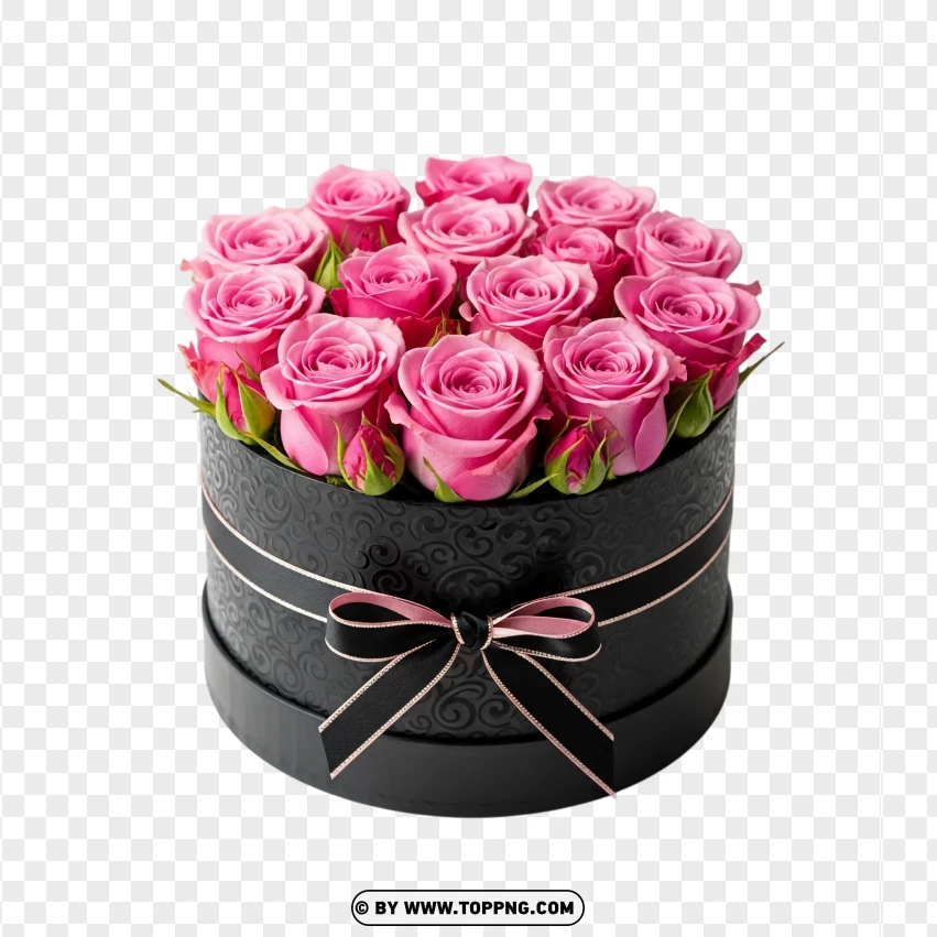 Fresh Pink Roses In Black Round Gift Box PNG Transparent Background