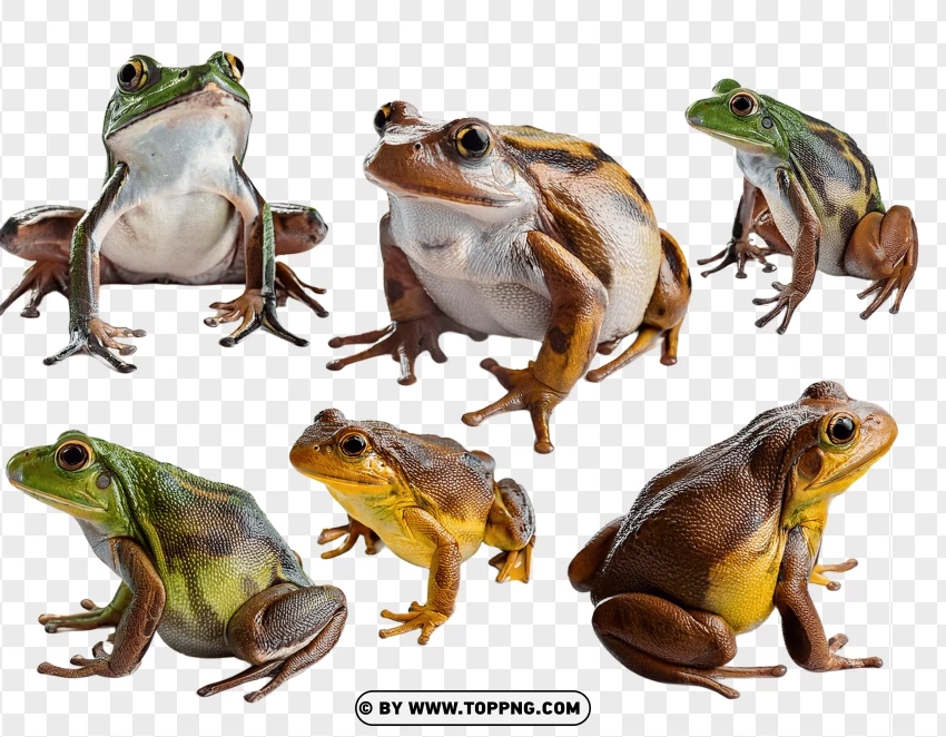 Group Of Ten Frogs In Various Natural Poses PNG Transparent Background