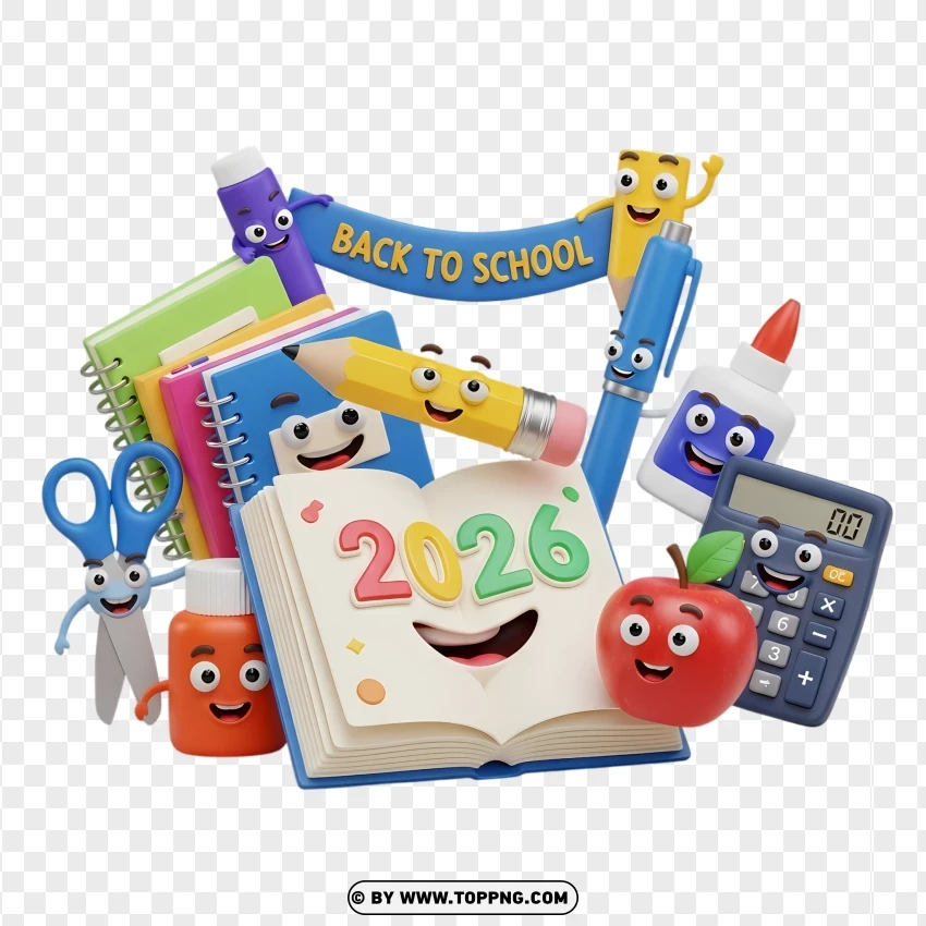 Fun 3d Cartoon School Stationery With Back To School 2026 PNG Transparent Background
