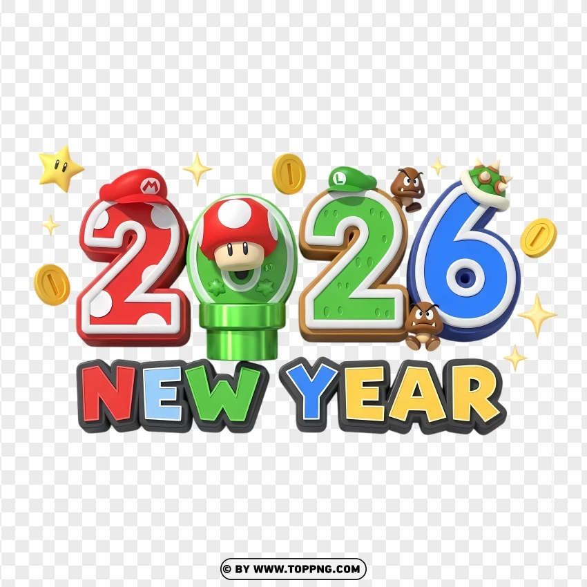 Retro Gaming 2026 Celebration Typography PNG Transparent Background