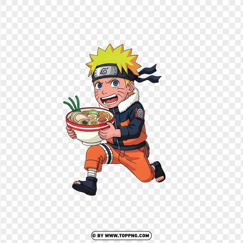 Funny Cartoon Naruto Uzumaki Running With Ramen Bowl PNG Transparent Background
