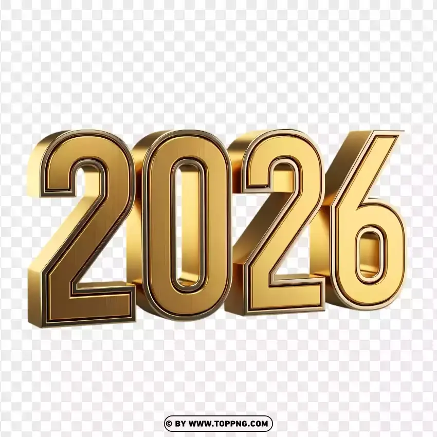 Futuristic Gold-plated 2026 Typography PNG Transparent Background