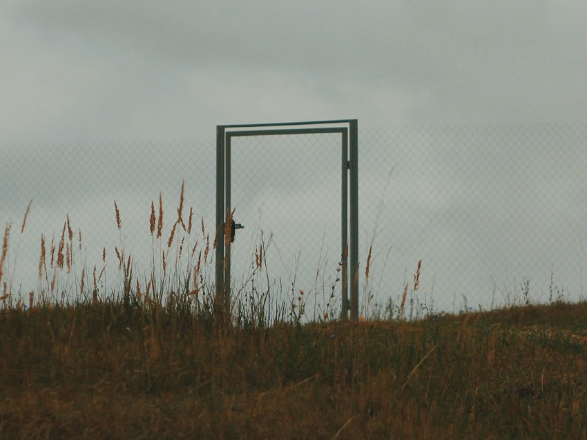 gate, fence, minimalism, sky, grass